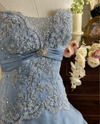 Vintage Princess Light Hazy Blue Strapless Lace Embroidered Tulle Ball Gown Evening Dress
