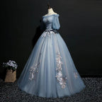 Vintage Princess Off Shoulder Half Sleeve Dusty Blue Appliques Ball Gown Prom Dresses