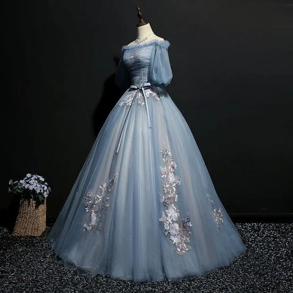 Vintage Princess Off Shoulder Half Sleeve Dusty Blue Appliques Ball Gown Prom Dresses