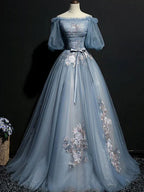 Vintage Princess Off Shoulder Half Sleeve Dusty Blue Appliques Ball Gown Prom Dresses