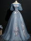 Vintage Princess Off Shoulder Half Sleeve Dusty Blue Appliques Ball Gown Prom Dresses