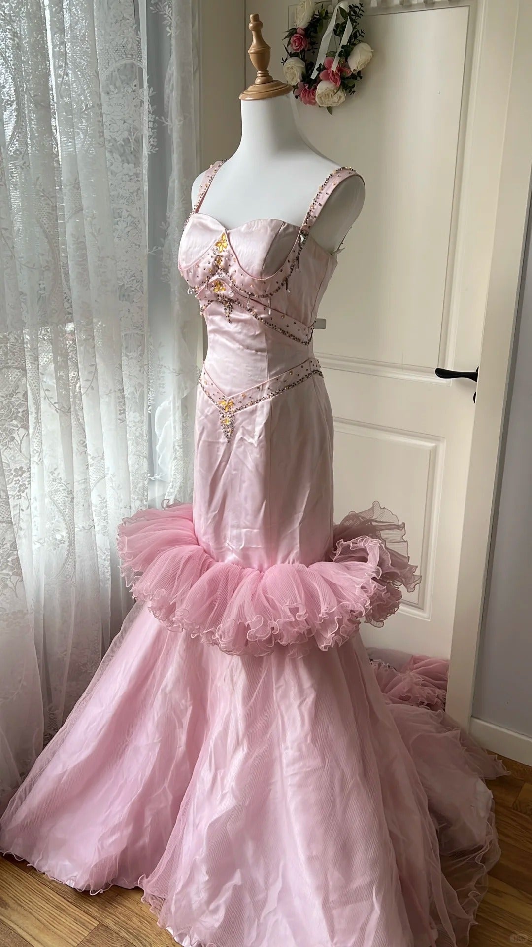 Vintage Princess Pink Mermaid Satin Tulle Train Prom Dress Evening Dress Secondary image