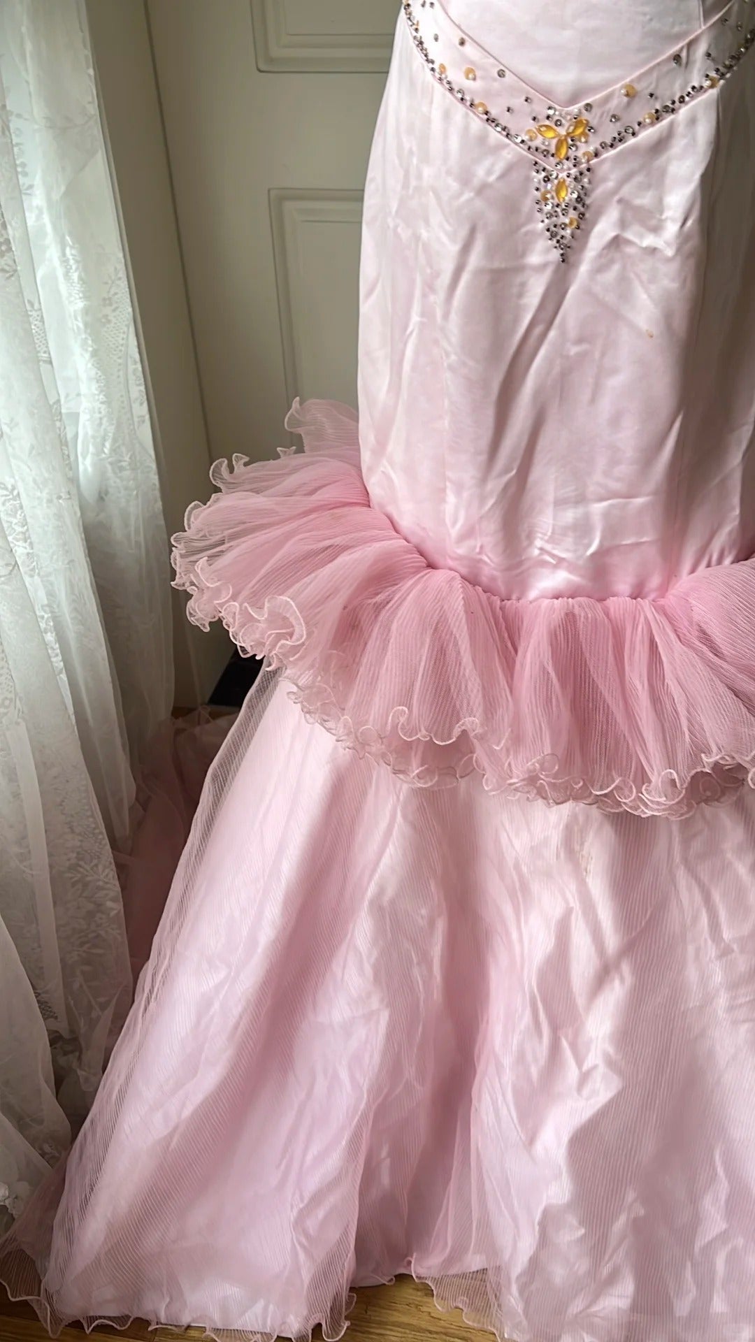 Vintage Princess Pink Mermaid Satin Tulle Train Prom Dress Evening Dress