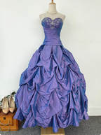 Vintage Princess Purple-Blue Sweetheart Neck Satin Ruched Long Ball Gown Evening Dress