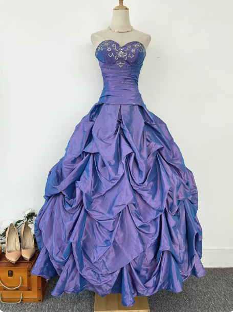 Vintage Princess Purple-Blue Sweetheart Neck Satin Ruched Long Ball Gown Evening Dress