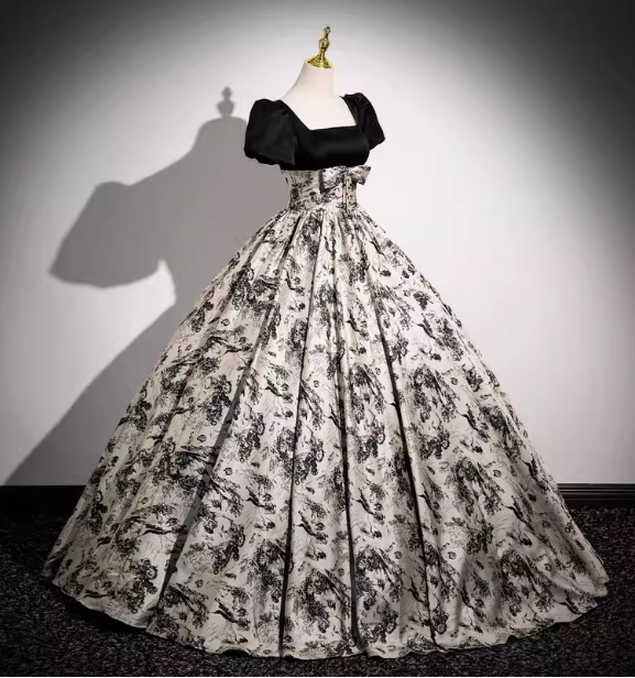Vintage Printed Square Neck Puff Sleeve Velvet Ball Gown Evening Dress Sweet 16 Dress