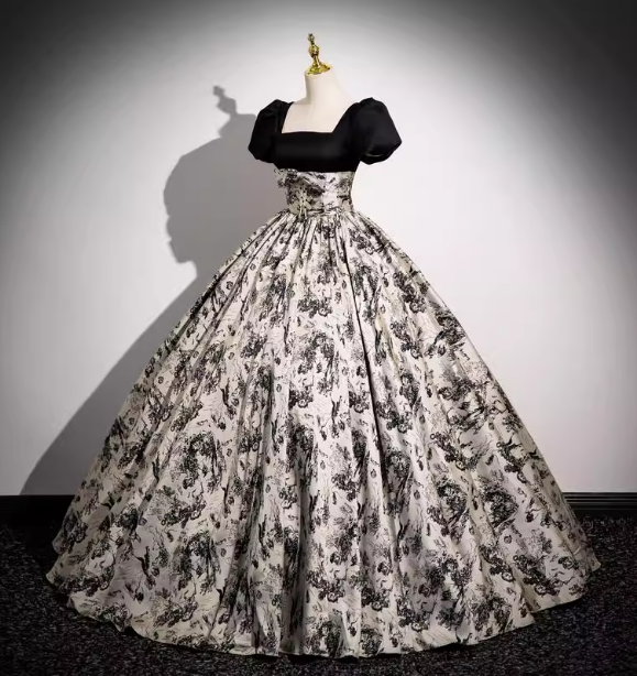 Vintage Printed Square Neck Puff Sleeve Velvet Ball Gown Evening Dress Sweet 16 Dress
