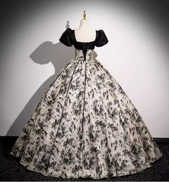 Vintage Printed Square Neck Puff Sleeve Velvet Ball Gown Evening Dress Sweet 16 Dress