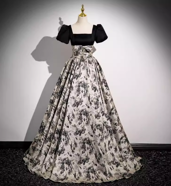 Vintage Printed Square Neck Puff Sleeve Velvet Ball Gown Evening Dress Sweet 16 Dress