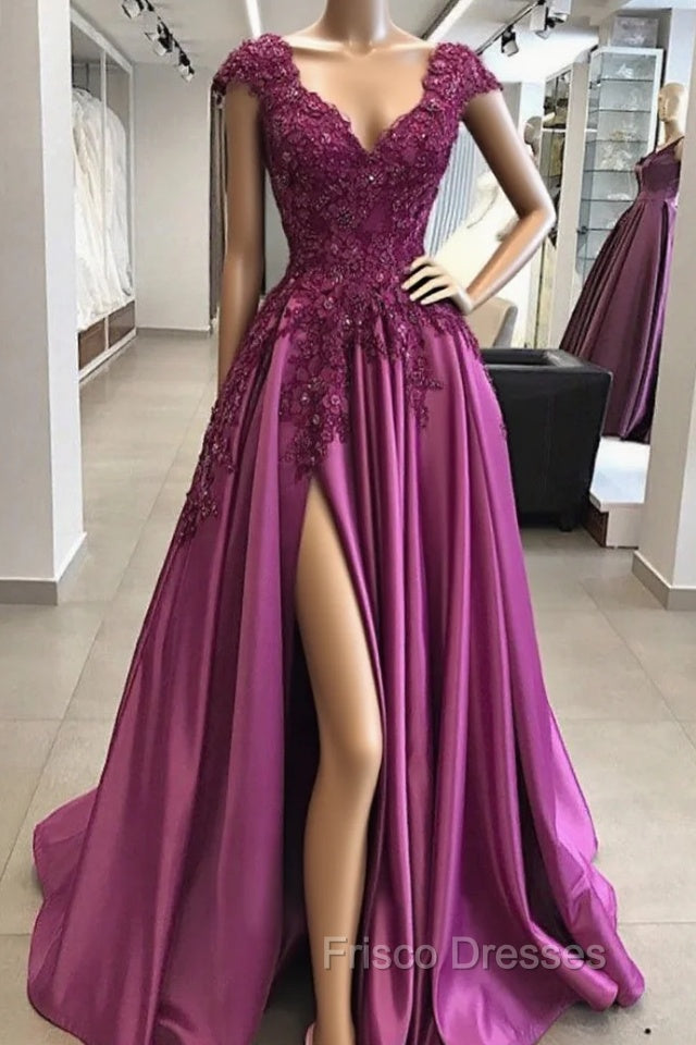 Vintage Formal Prom Dress 90S, A-line/Princess V Neck Sleeveless Long/Floor-Length Satin Formal Prom Dress with Appliqued Beading Split Main image
