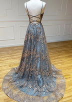 Vintage Formal Prom Dress 90S, A-line V Neck Sleeveless Sweep Train Tulle Satin Formal Prom Dress With Appliqued Split