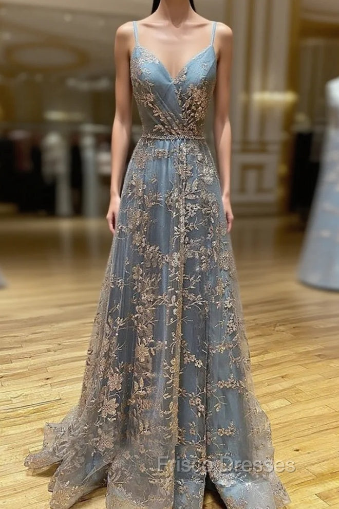 Vintage Formal Prom Dress 90S, A-line V Neck Sleeveless Sweep Train Tulle Satin Formal Prom Dress With Appliqued Split