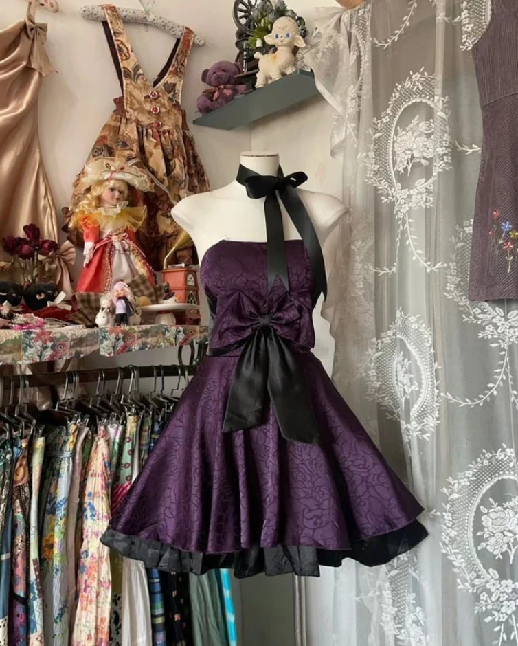 Vintage Purple Satin A Line Short Party Dress Homecoming Dress With Bow Vintage Purple Satin A Line Short Party Dress Homecoming Dress With Bow