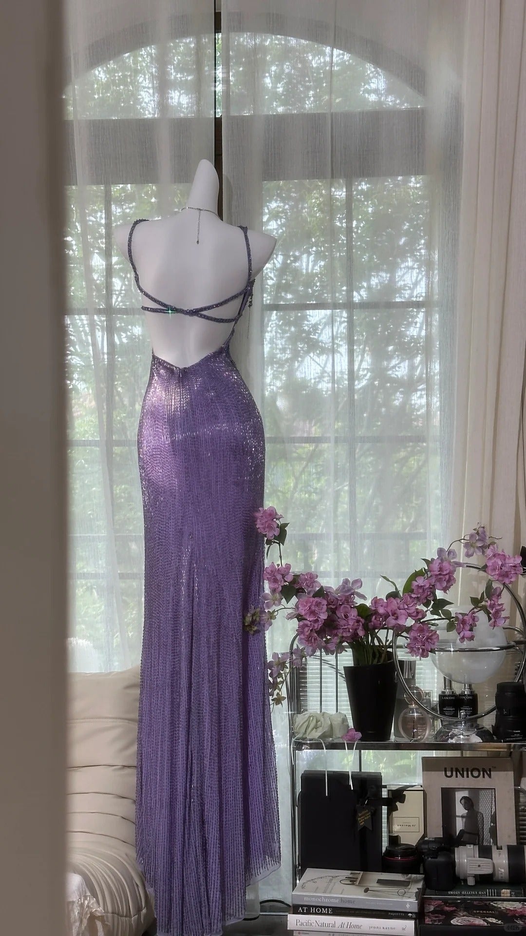 Vintage Purple Strap Chiffon Halter Back High Slit Beaded Evening Gown Prom Dress