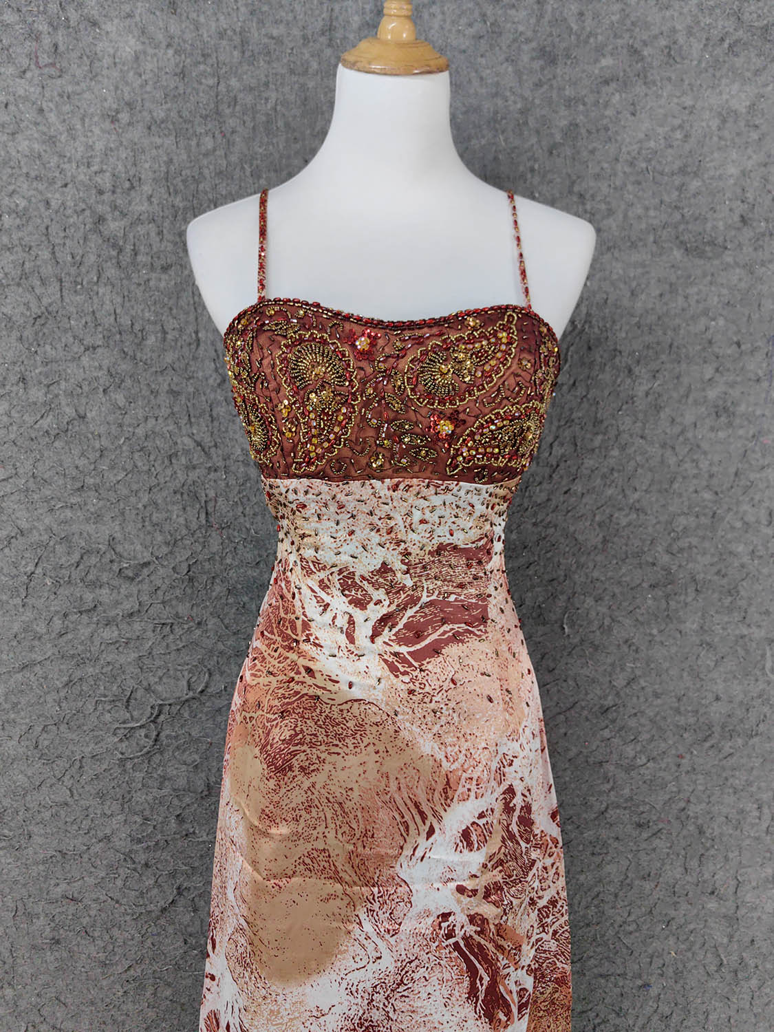 Vintage Red-Brown Gilded Gradient Spaghetti Strap Beaded Satin Long Prom Dress Evening Dress Secondary image