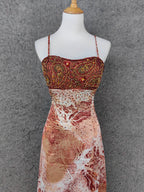 Vintage Red-Brown Gilded Gradient Spaghetti Strap Beaded Satin Long Prom Dress Evening Dress