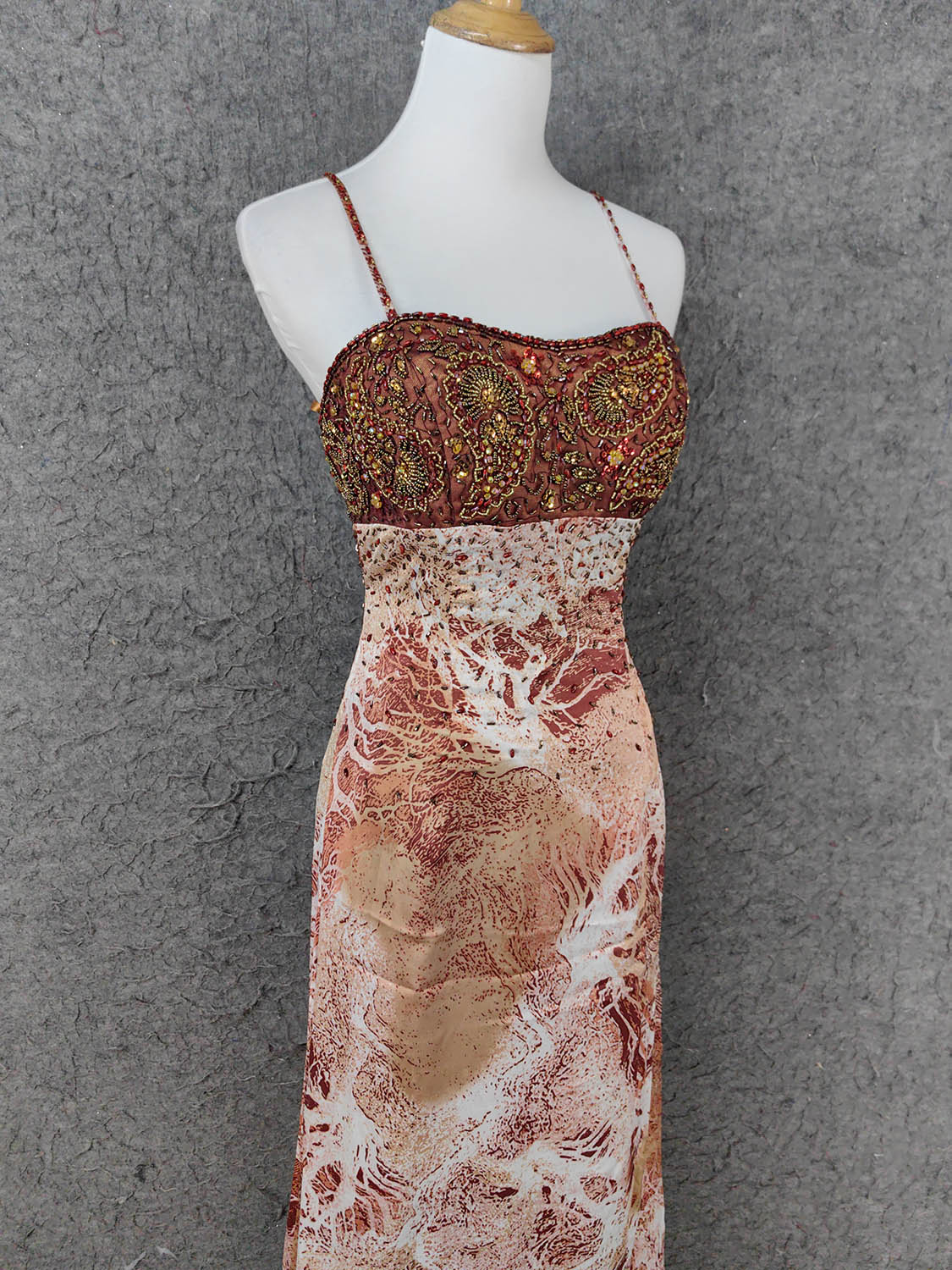Vintage Red-Brown Gilded Gradient Spaghetti Strap Beaded Satin Long Prom Dress Evening Dress