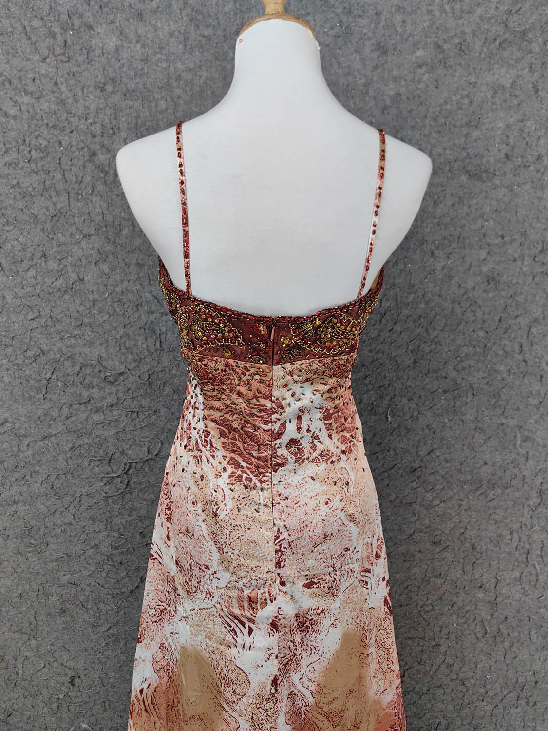 Vintage Red-Brown Gilded Gradient Spaghetti Strap Beaded Satin Long Prom Dress Evening Dress