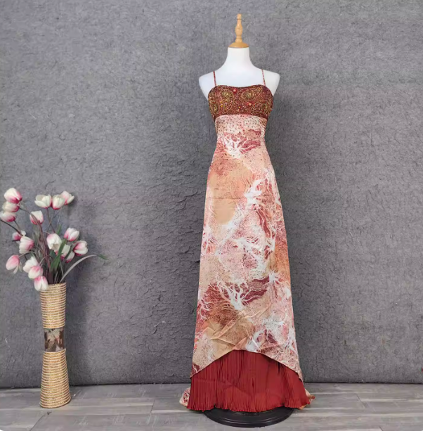 Vintage Red-Brown Gilded Gradient Spaghetti Strap Beaded Satin Long Prom Dress Evening Dress Main image
