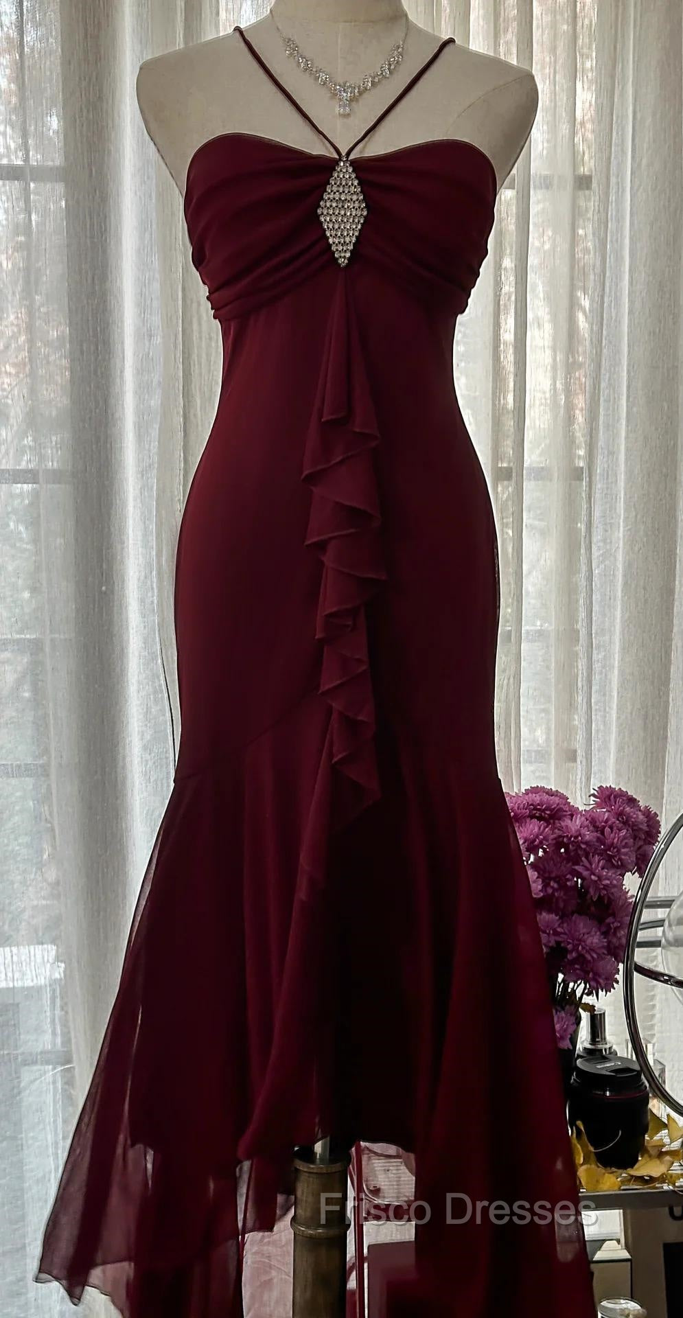 Vintage Red Mermaid Strapless Chiffon Formal Prom Dress Graduation Formal Prom Dress