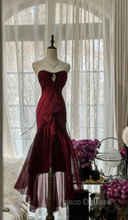 Vintage Red Mermaid Strapless Chiffon Formal Prom Dress Graduation Formal Prom Dress