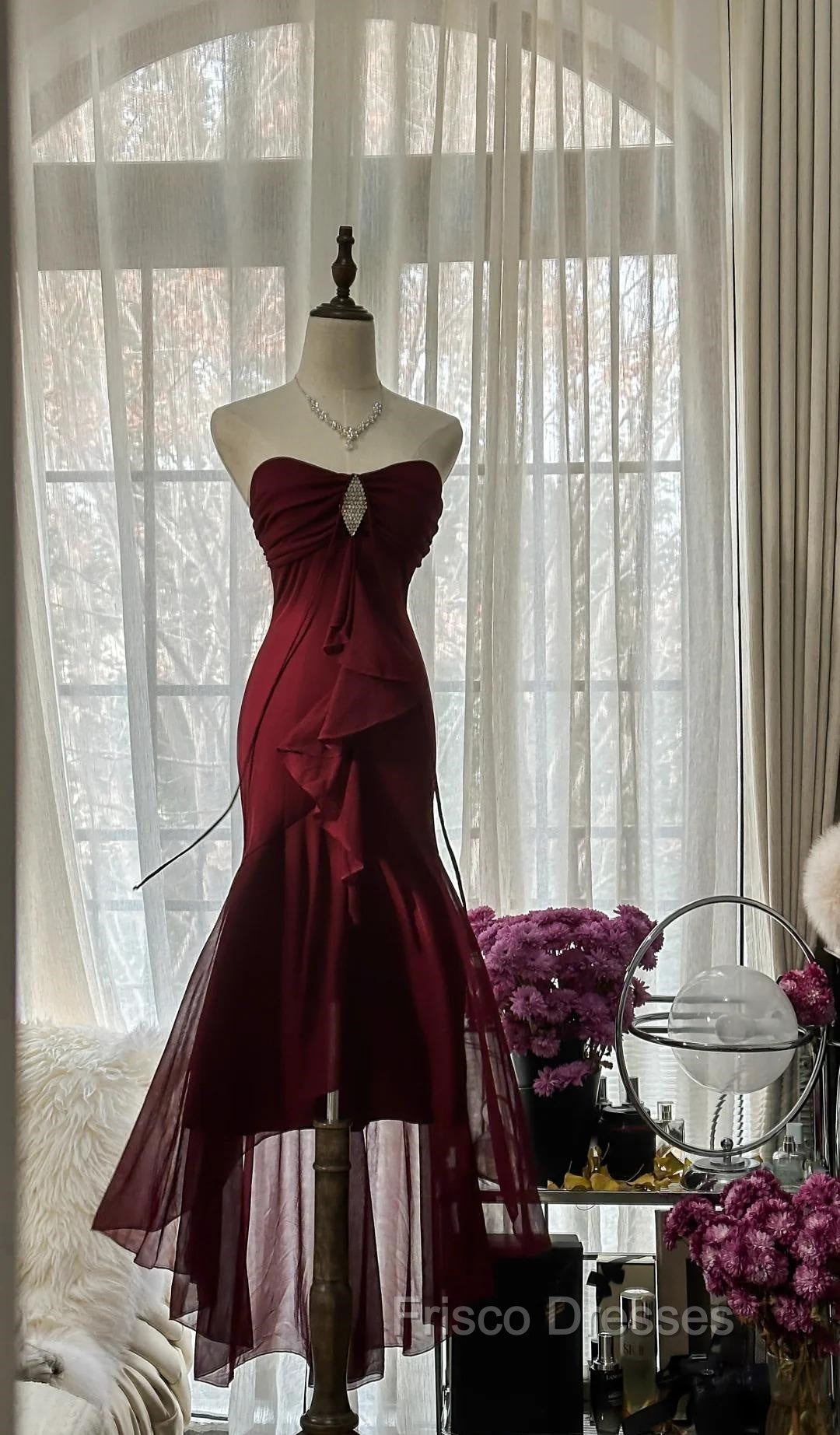 Vintage Red Mermaid Strapless Chiffon Formal Prom Dress Graduation Formal Prom Dress