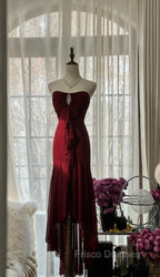 Vintage Red Mermaid Strapless Chiffon Formal Prom Dress Graduation Formal Prom Dress