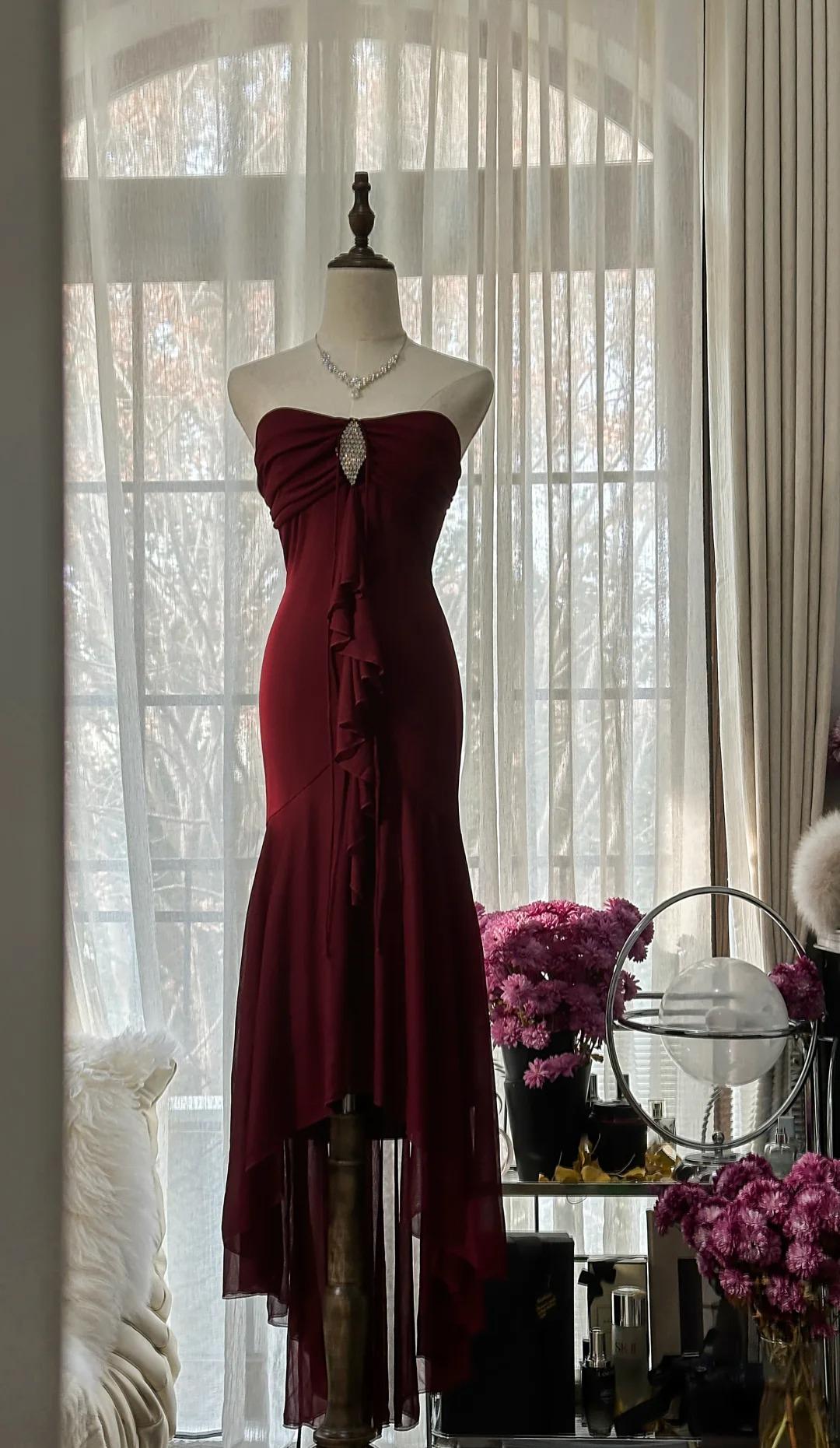 Vintage Red Mermaid Strapless Chiffon Prom Dress Graduation Prom Dress Main image