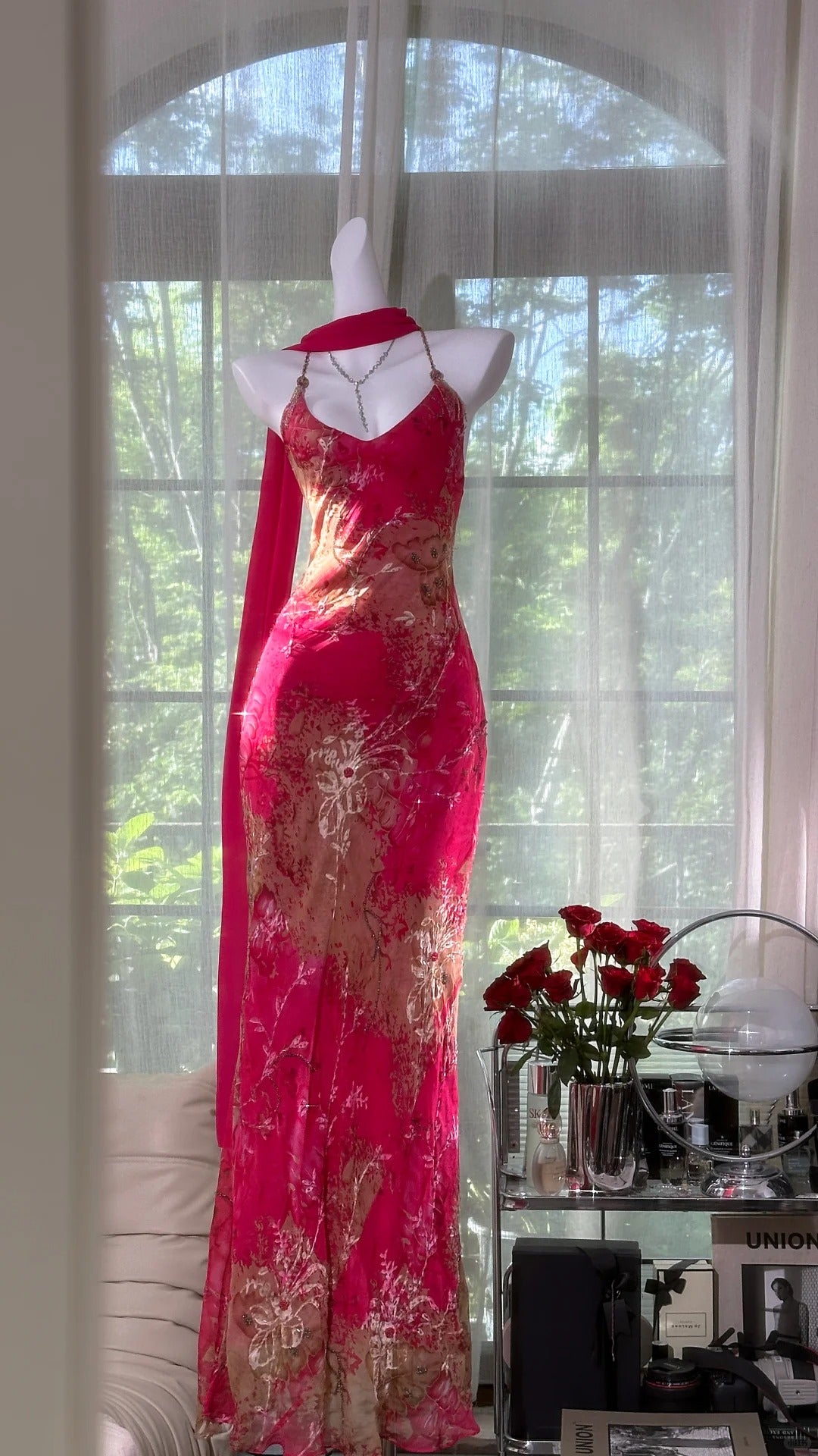 Vintage Rose Pink Floral Mermaid Backless Chiffon Long Prom Dress Evening Dress Secondary image