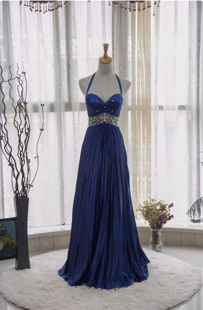 Vintage Royal Blue A-Line Halter Neck Rhinestone Satin Long Prom Dress Evening Dress Secondary image