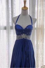 Vintage Royal Blue A-Line Halter Neck Rhinestone Satin Long Prom Dress Evening Dress