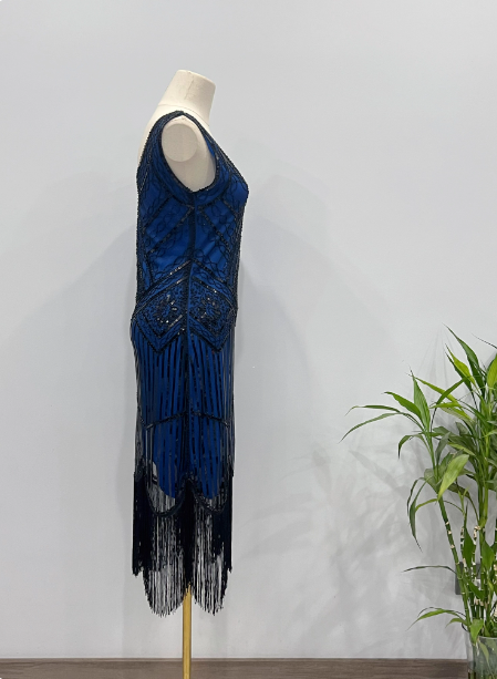 Vintage Royal Blue / Emerald Green Slim-Fit Spaghetti Strap Fringe Sequin Midi Prom Dress Evening Dress