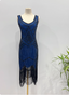 Vintage Royal Blue / Emerald Green Slim-Fit Spaghetti Strap Fringe Sequin Midi Prom Dress Evening Dress