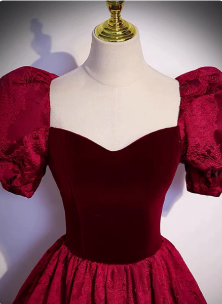 Vintage Royal Burgundy A-Line Puff Sleeve Velvet Satin Long Prom Dress Evening Dress Secondary image