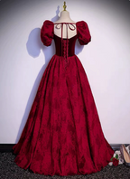 Vintage Royal Burgundy A-Line Puff Sleeve Velvet Satin Long Prom Dress Evening Dress