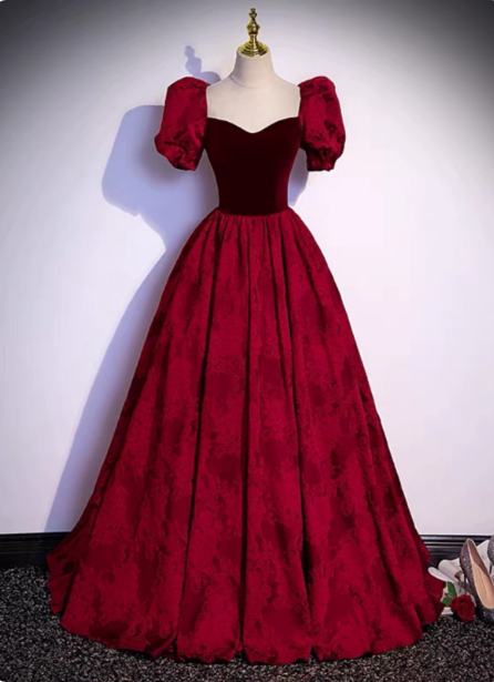 Vintage Royal Burgundy A-Line Puff Sleeve Velvet Satin Long Prom Dress Evening Dress Main image