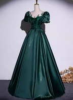 Vintage Royal Emerald Green Crew Neck A-Line Embroidered Satin Long Prom Dress Evening Dress