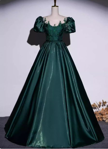 Vintage Royal Emerald Green Crew Neck A-Line Embroidered Satin Long Prom Dress Evening Dress
