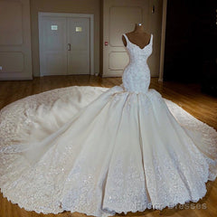 Vintage Royal Train Satin Mermaid V-Neck Wedding Dresses Lace Embroidery
