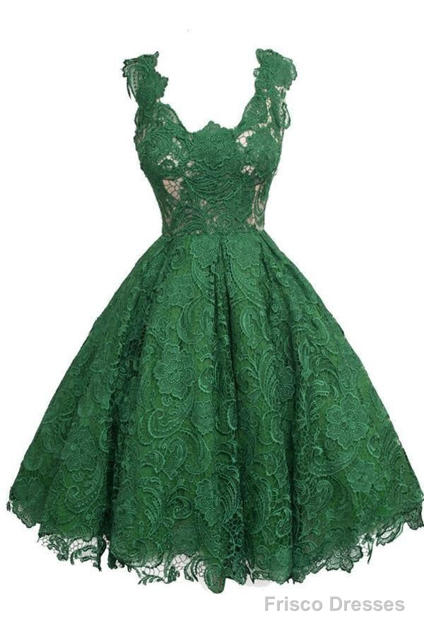 Vintage Scoop Knee-Length Sleeveless Hunter Lace Homecoming Dress Main image