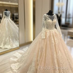 Vintage Scoop Neckline Long Sleeves Champagne Wedding Ball Gown Dress Lace Appliques