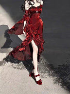 Vintage Sheath Irregular Ruffled Spaghetti Straps WomenS Burgundy Birthday Party Dresses With Sleeves