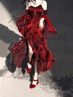 Vintage Sheath Irregular Ruffled Spaghetti Straps WomenS Burgundy Birthday Party Dresses With Sleeves