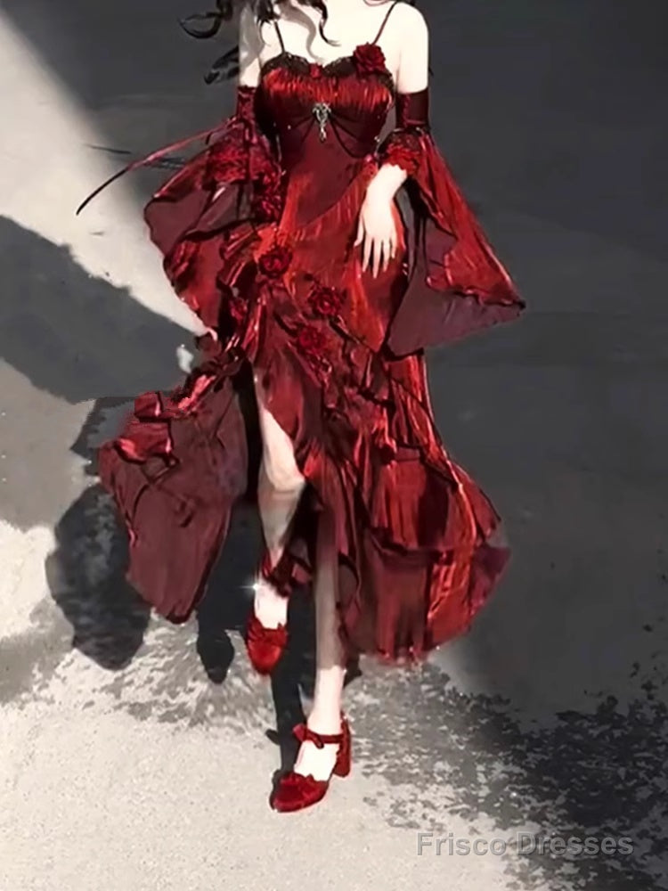 Vintage Sheath Irregular Ruffled Spaghetti Straps WomenS Burgundy Birthday Party Dresses With Sleeves Main image