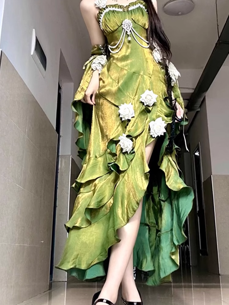 Vintage Sheath Irregular Ruffled Spaghetti Straps Women Green Birthday Party Dresses Secondary image