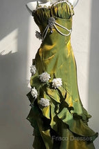 Vintage Sheath Irregular Ruffled Spaghetti Straps WomenS Green Birthday Party Dress