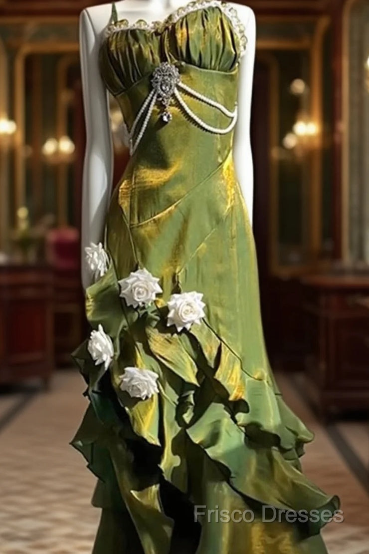 Vintage Sheath Irregular Ruffled Spaghetti Straps WomenS Green Birthday Party Dress