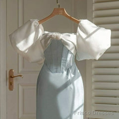 Vintage Sheath Light Sky Blue Satin Prom Dresses Evening Dress