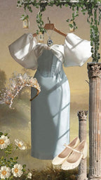 Vintage Sheath Light Sky Blue Satin Formal Prom Dress Formal Dress