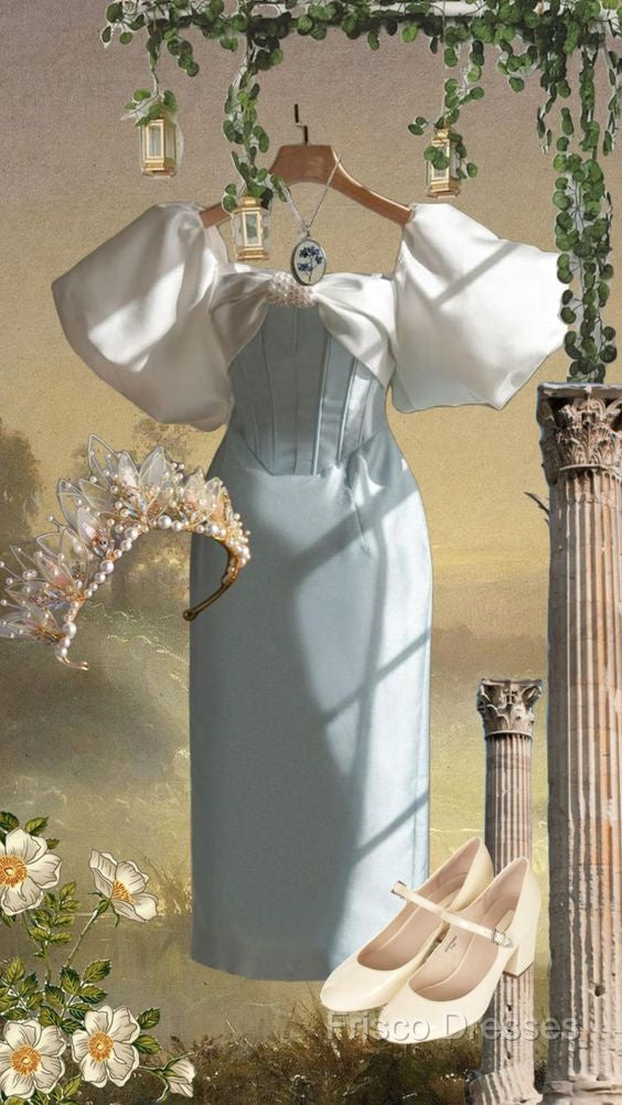 Vintage Sheath Light Sky Blue Satin Formal Prom Dress Formal Dress